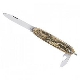 COUTEAU NAVETTE 2P LAITON MOTIF PECHEUR 8,5CM INOX