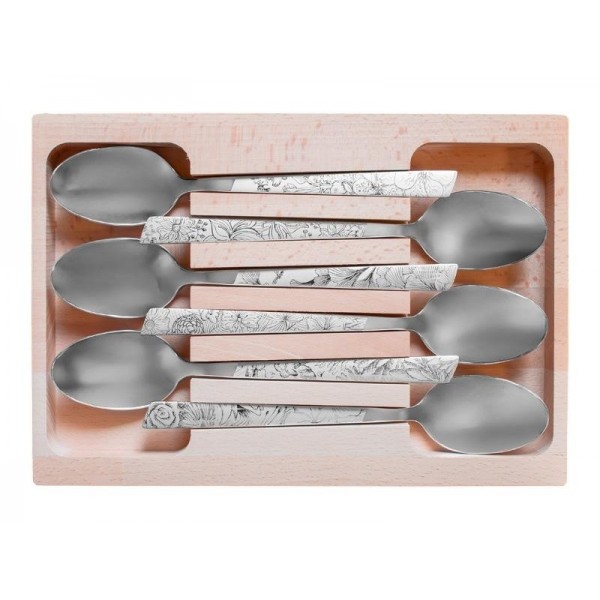 COFFRET 6 CUILLERS TABLE INOX DECOR FLEURIS