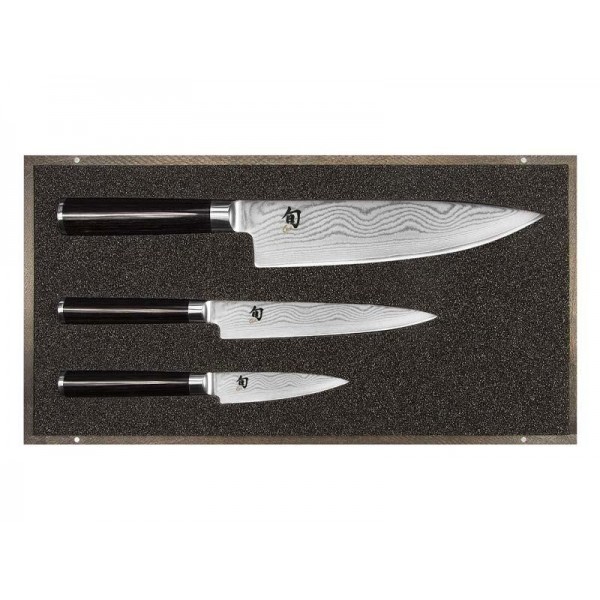 SET 3 COUTEAUX KAI SHUN DAMAS INOX EN COFFRET BOIS