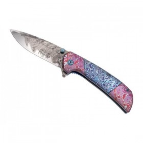 COUTEAU THIRD ACIER 3D DECOR DAMAS BLEU/ROSE 11,5CM INOX