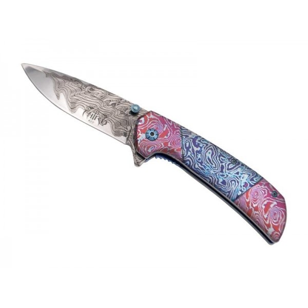 COUTEAU THIRD ACIER 3D DECOR DAMAS BLEU/ROSE 11,5CM INOX