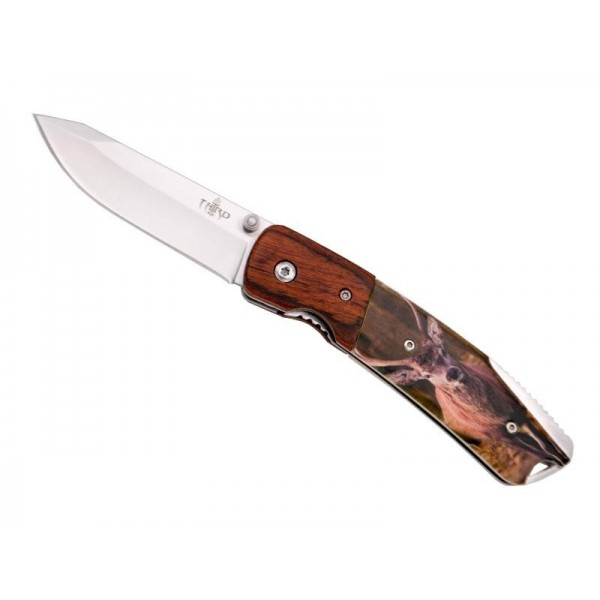 COUTEAU THIRD BOIS ROUGE MOTIF CERF 11,5CM INOX