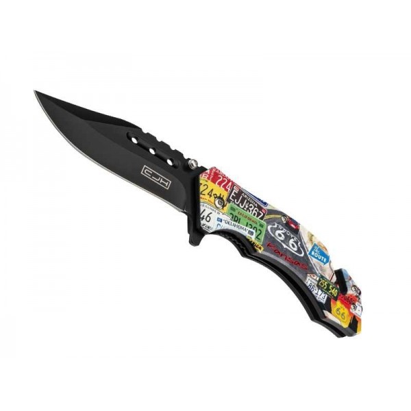 COUTEAU CJH ABS PLAQUES ROUTE 66 12CM INOX NOIR